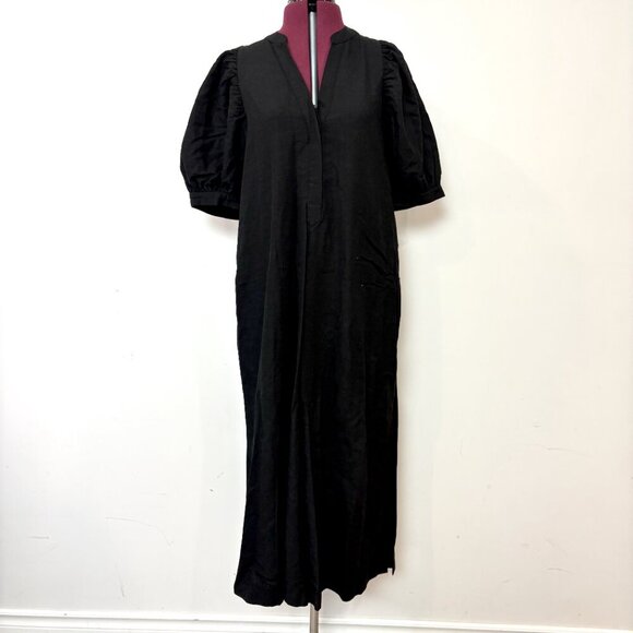 Ann Taylor Black Linen Midi Dress Puff Sleeves V Neck Medium M - Picture 2 of 13